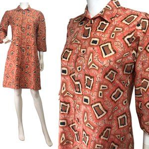 Vintage Abstract Print Dress 1970s Orange Brown Mod Print Handmade Size Large